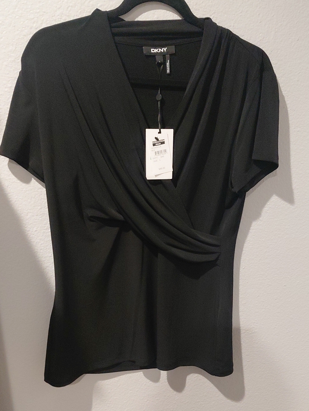 DKNY Black Draped Surplice Short-Sleeve Top